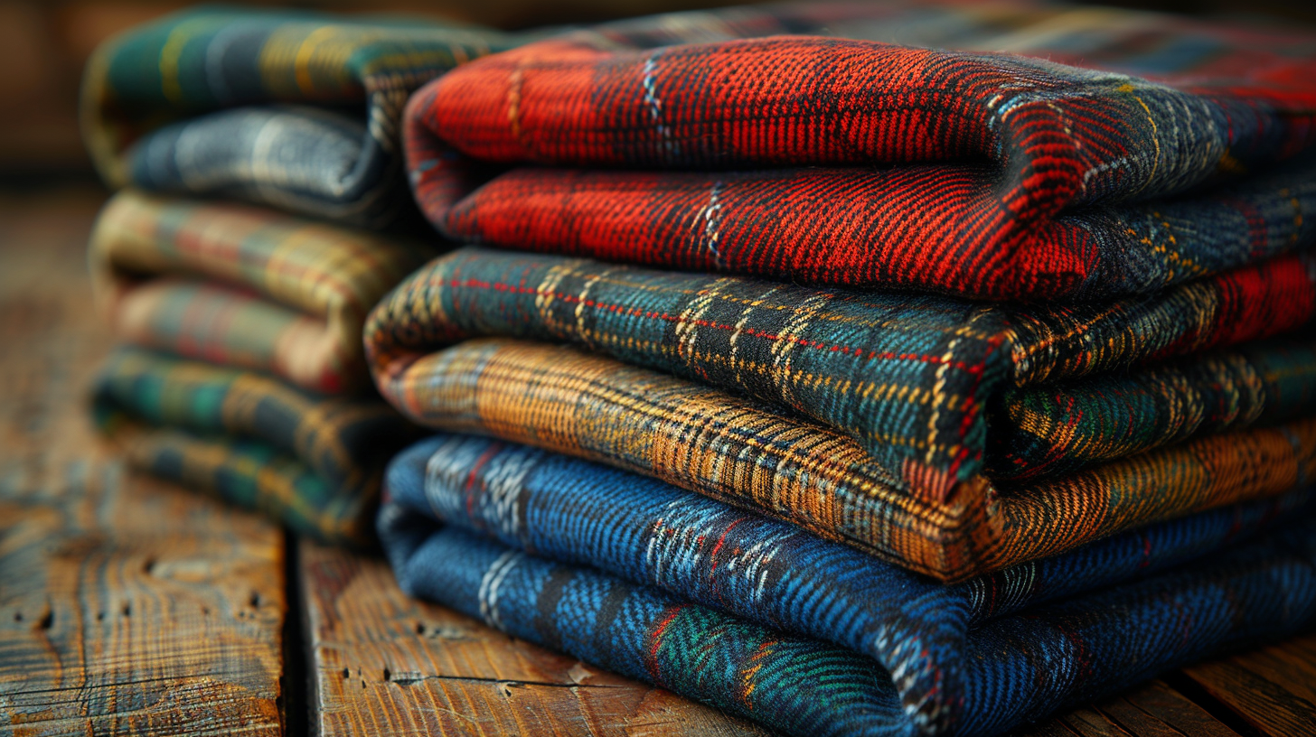 Close-up of colourful Scottish tartan fabrics neatly folded and layered on a wooden table, showing traditional red, green, blue, and gold patterns symbolising clan heritage and meaning.
