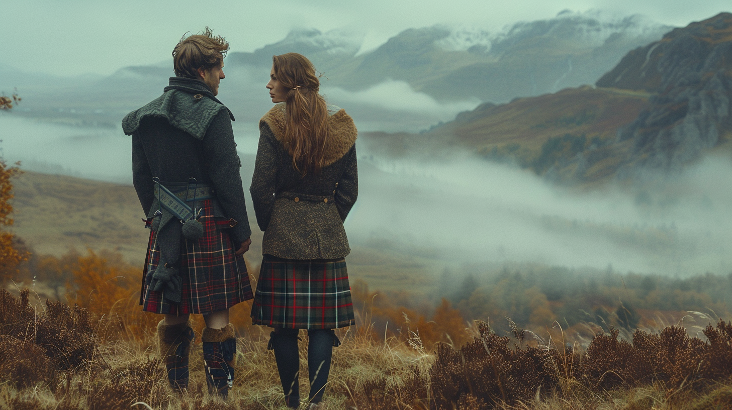 Models wearing modern tartan kilts and Highland attire against a Scottish Highlands backdrop, symbolising the evolution of Scottish fashion.