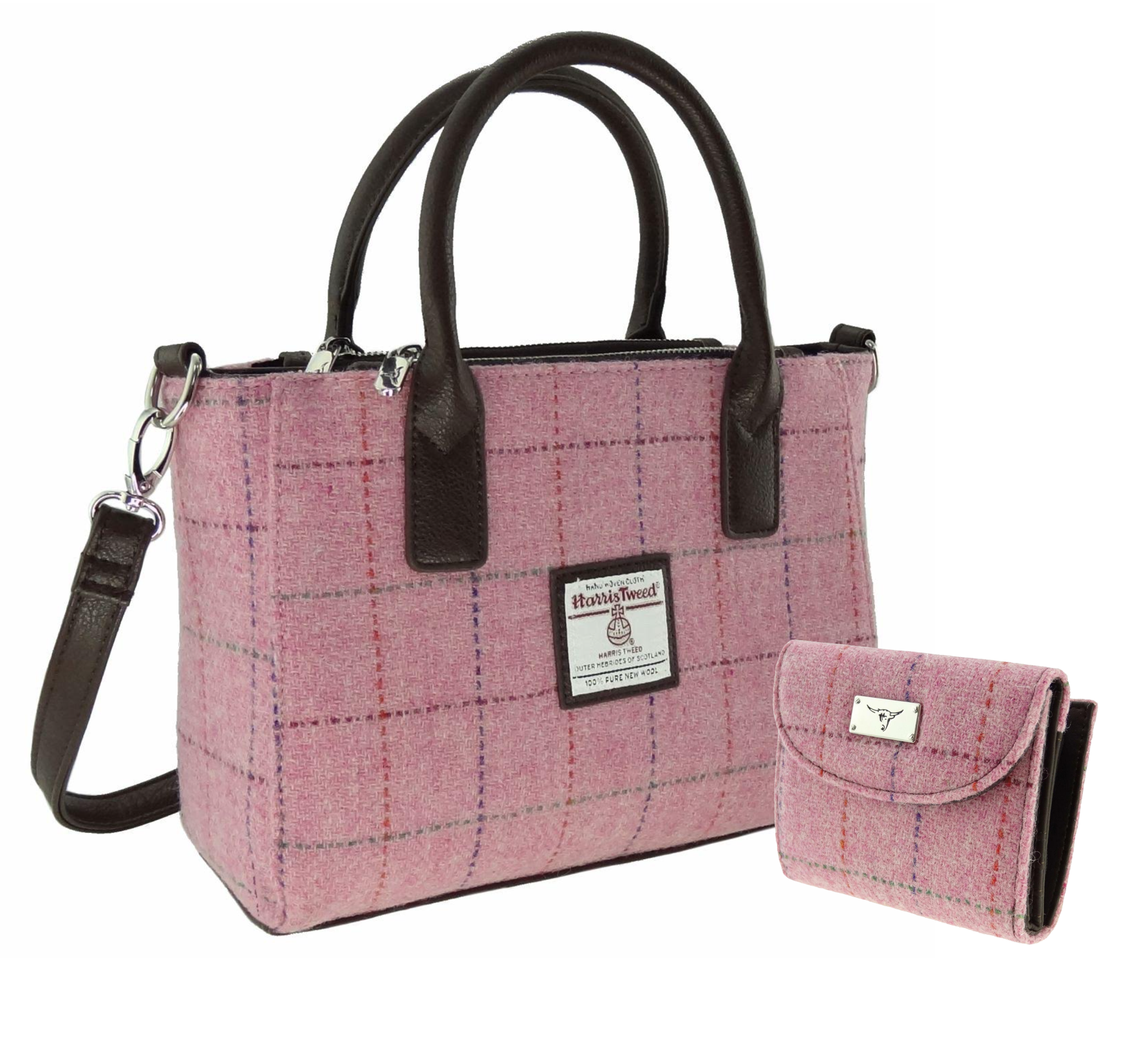 Ladies Authentic Harris Tweed Small Tote Bag & Matching Purse Set Baby Pink Check