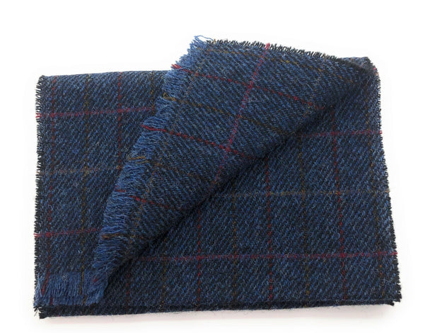 Authentic Harris Tweed Unisex Blue Herringbone With Check Line Tweed Scarf- Made In Scotland