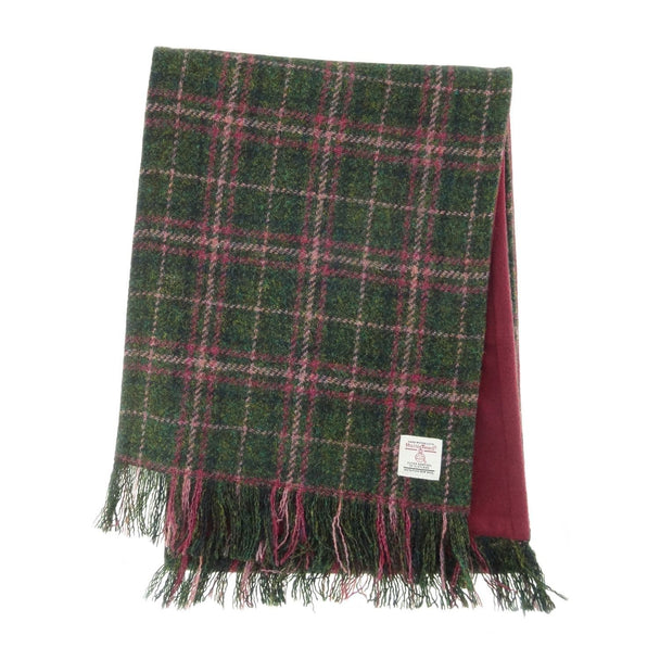 Authentic Harris Tweed Unisex  Dark Green & Plum Check Tweed Scarf- Made In Scotland