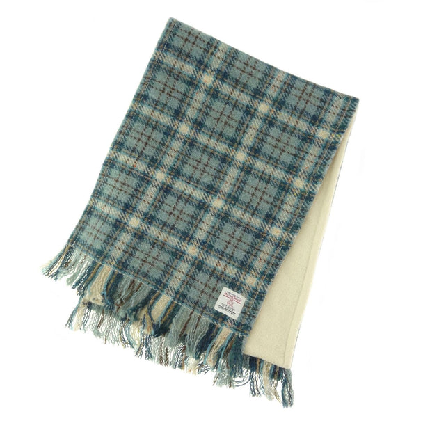 Authentic Harris Tweed Unisex Duck Egg & Cream Check Tweed Scarf- Made In Scotland