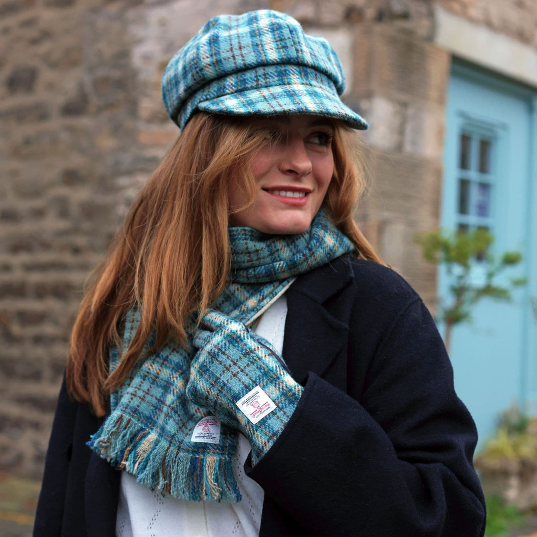 Authentic Harris Tweed Unisex Duck Egg & Cream Check Tweed Scarf- Made In Scotland