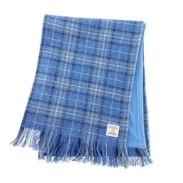Authentic Harris Tweed Unisex Light Blue Check Tartan Tweed Scarf- Made In Scotland