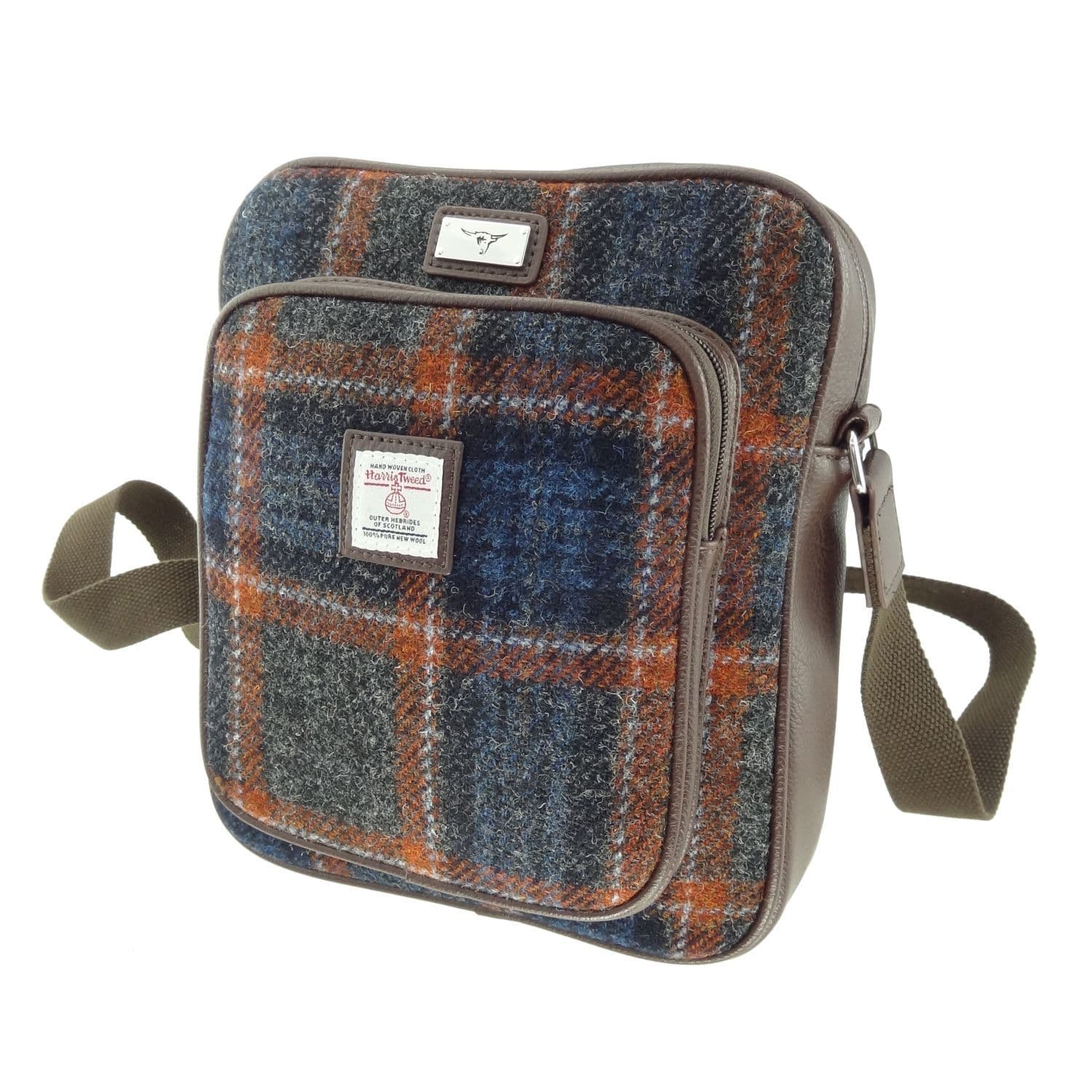 Gents Authentic Harris Tweed Messenger Travel Bag Grey with Rust Overcheck