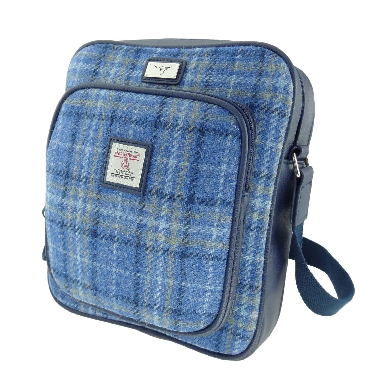 Gents Authentic Harris Tweed Messenger Travel Bag Light Blue Check