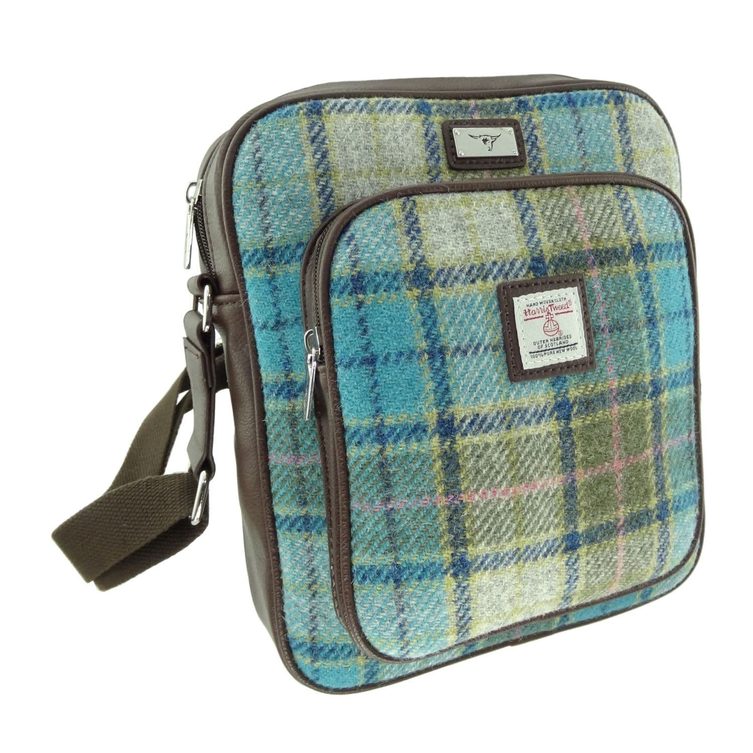 Gents Authentic Harris Tweed Messenger Travel Bag Light Green Check