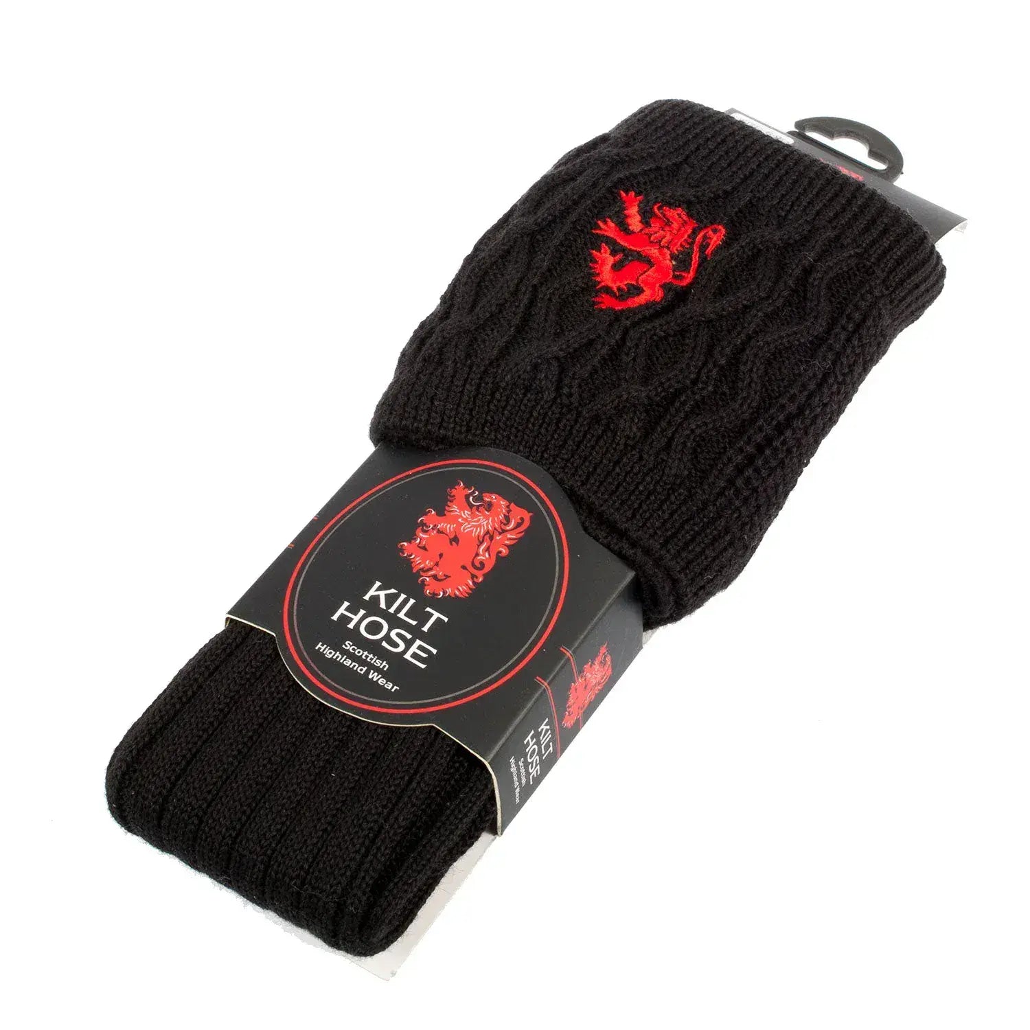 Gents blend wool red lion rampant embroidered off black kilt hose socks