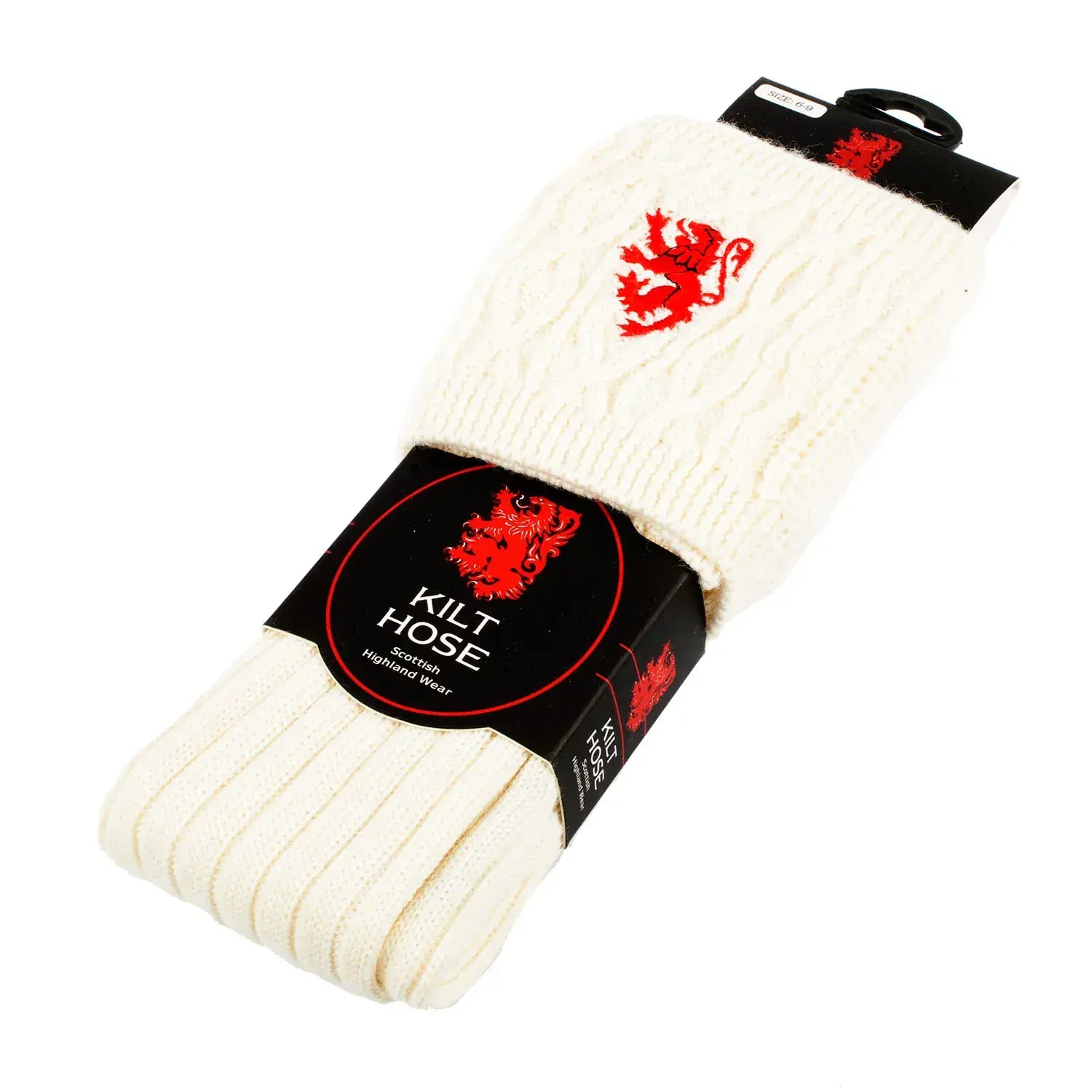 Gents blend wool red lion rampant embroidered off white kilt hose socks