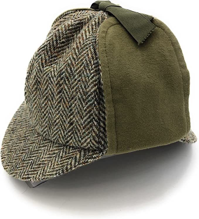 Gents Harris Tweed Green Herringbone Deerstalker with Moleskin Hat Made in UK