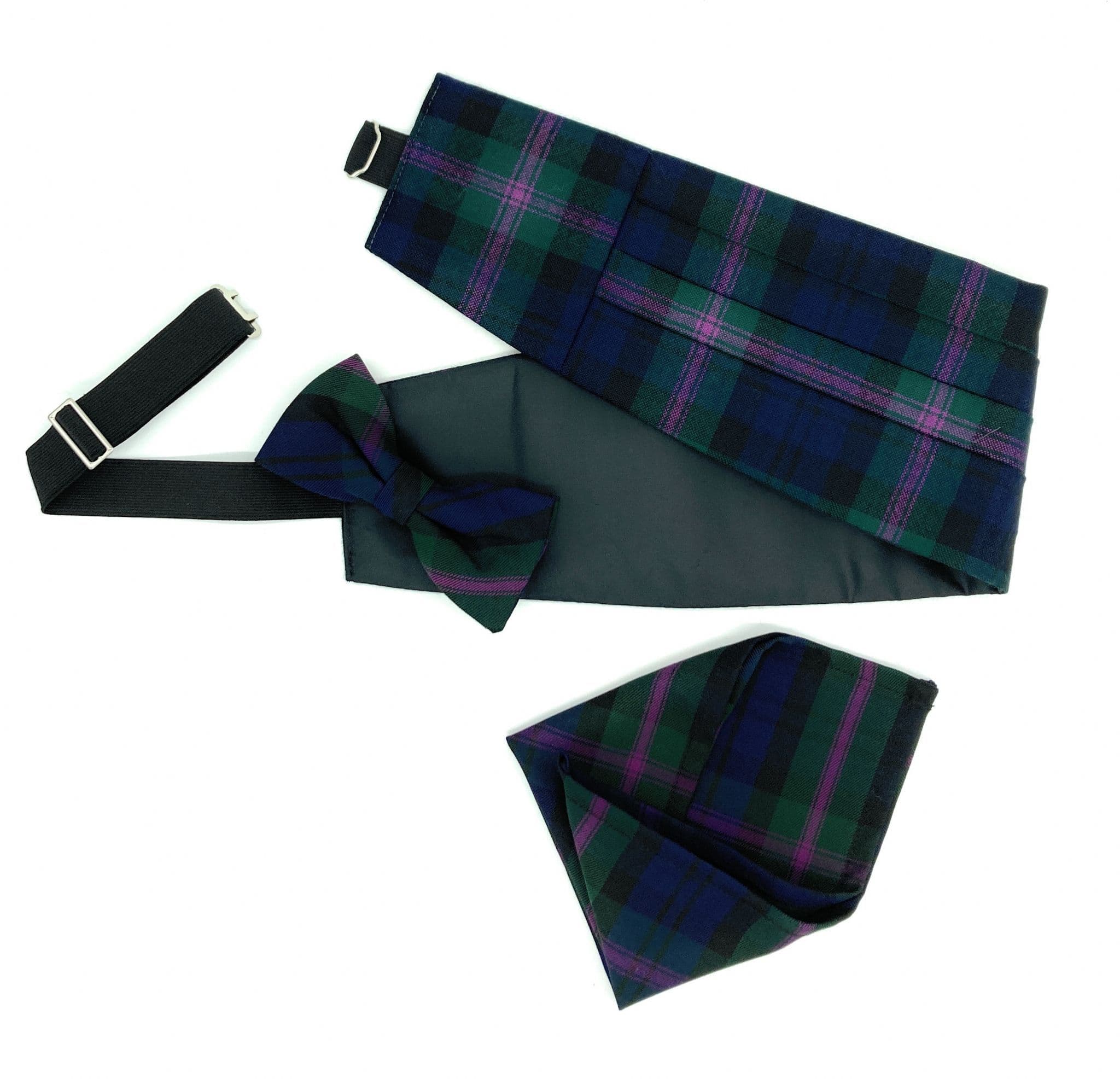 Gents Pure Wool Baird Modern Tartan Cummerbund Bow Tie & Pocket Square Set - Made in Scotland