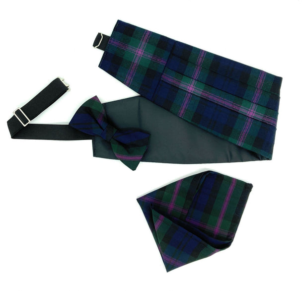 Gents Pure Wool Baird Modern Tartan Cummerbund Bow Tie & Pocket Square Set - Made in Scotland