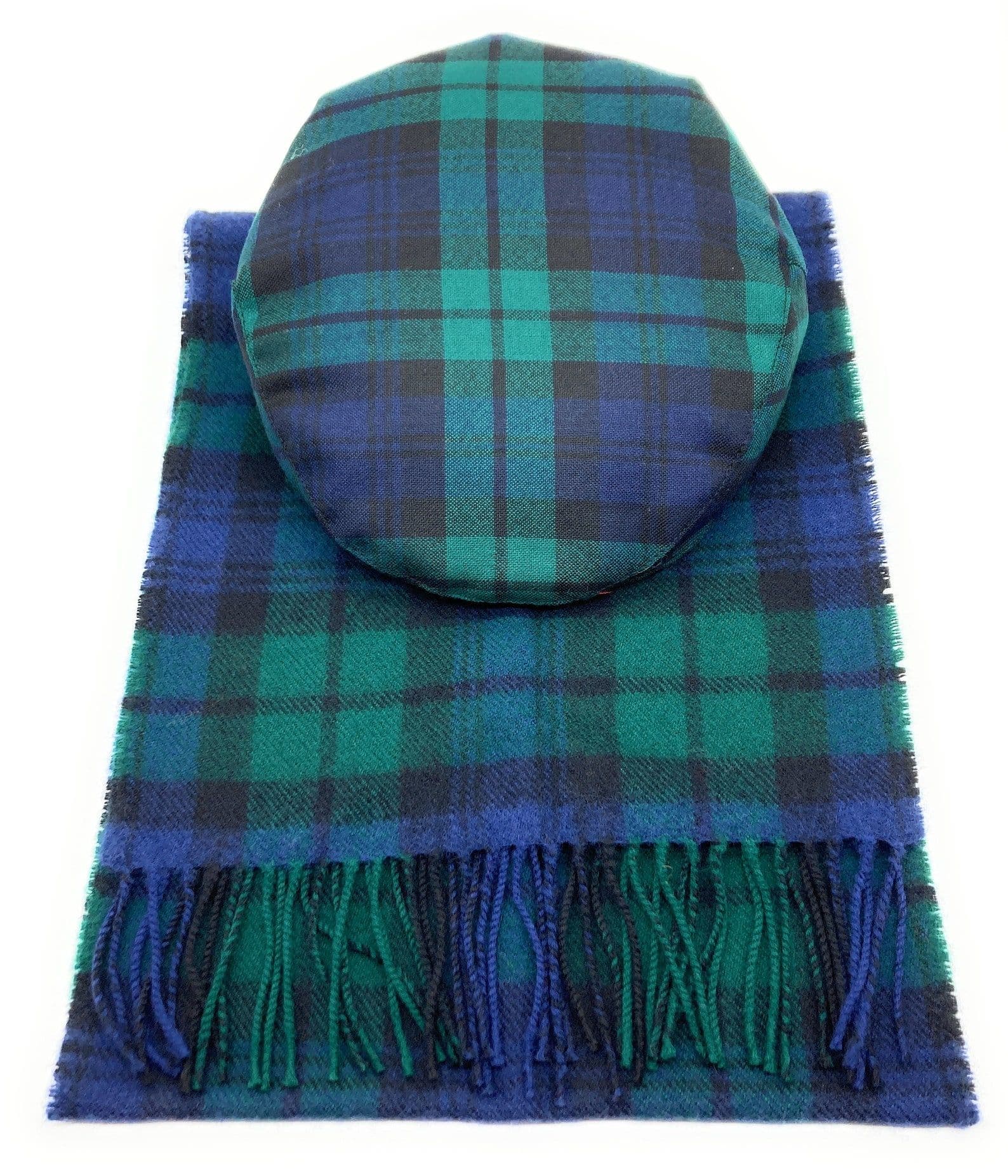 Gents Pure Wool Black Watch Tartan Flat Cap & Scarf Set