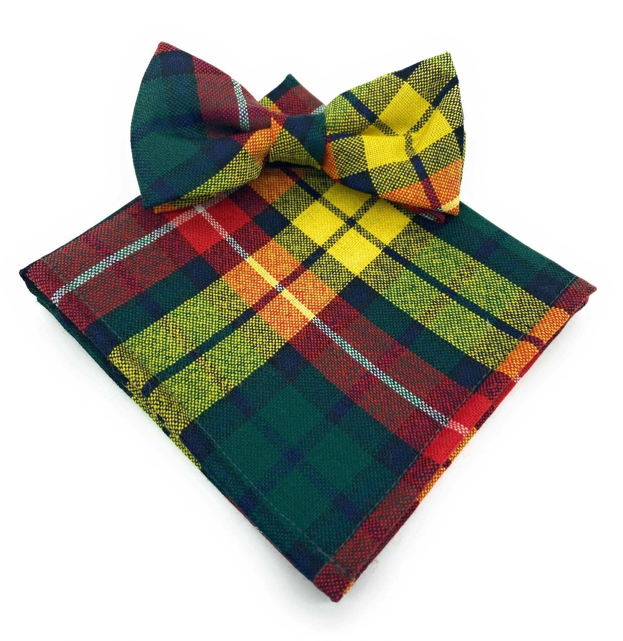 Gents Pure Wool Buchanan Modern Tartan Bow Tie & Matching Pocket Square Set - Made in Scotland