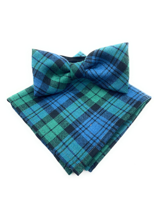 Gents Pure Wool Campbell Ancient Tartan Bow Tie & Matching Pocket Square Set - Made in Scotland