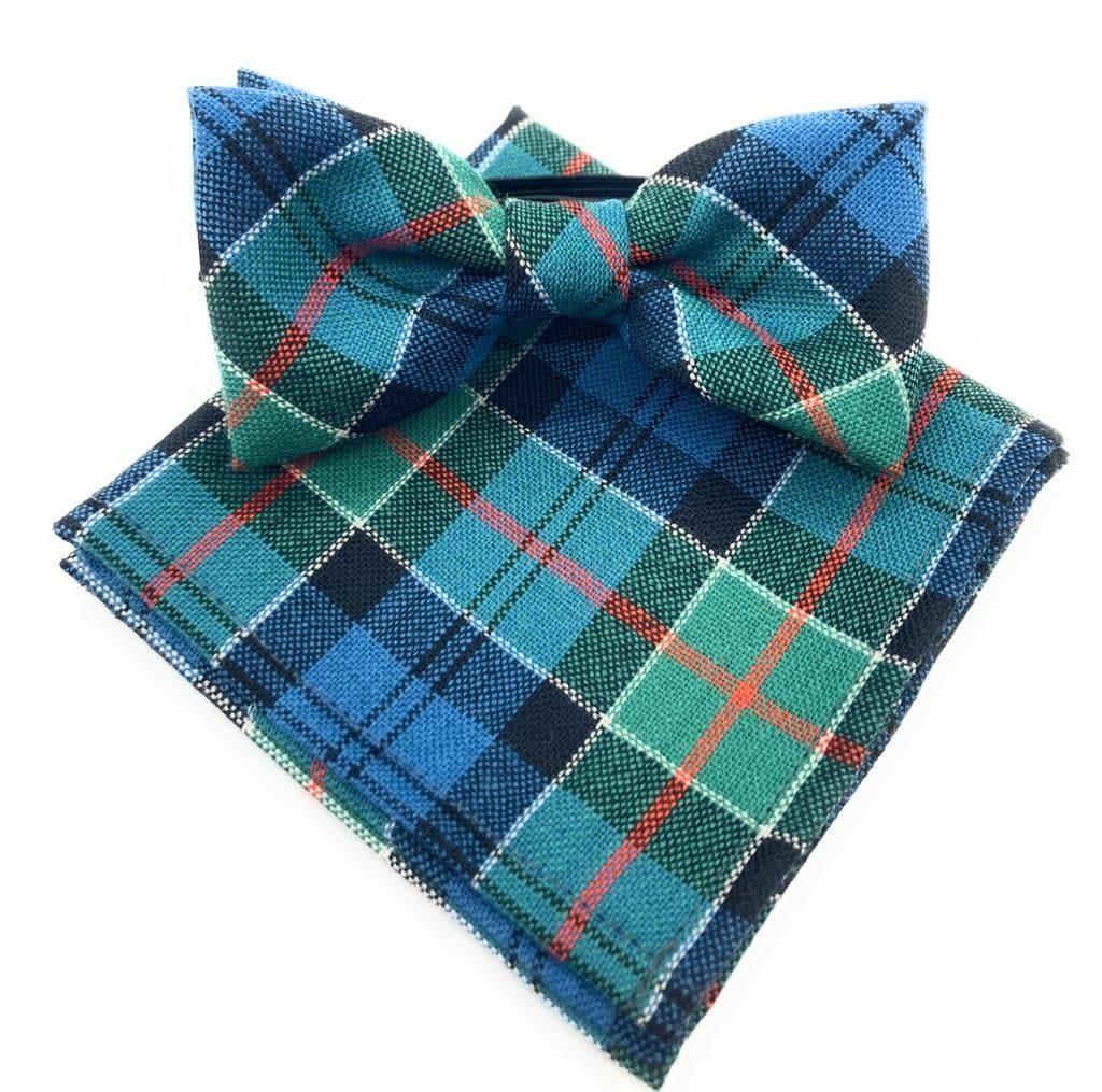 Gents Pure Wool Colquhoun Ancient Tartan Bow Tie & Matching Pocket Square Set - Made in Scotland