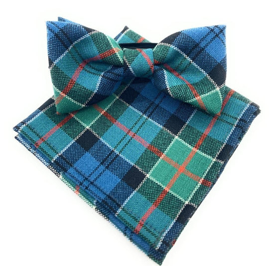 Gents Pure Wool Colquhoun Ancient Tartan Bow Tie & Matching Pocket Square Set - Made in Scotland