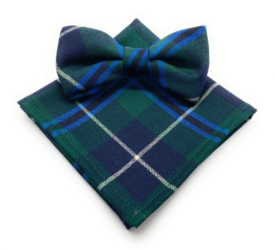 Gents Pure Wool Douglas Modern Tartan Bow Tie & Matching Pocket Square Set - Made in Scotland