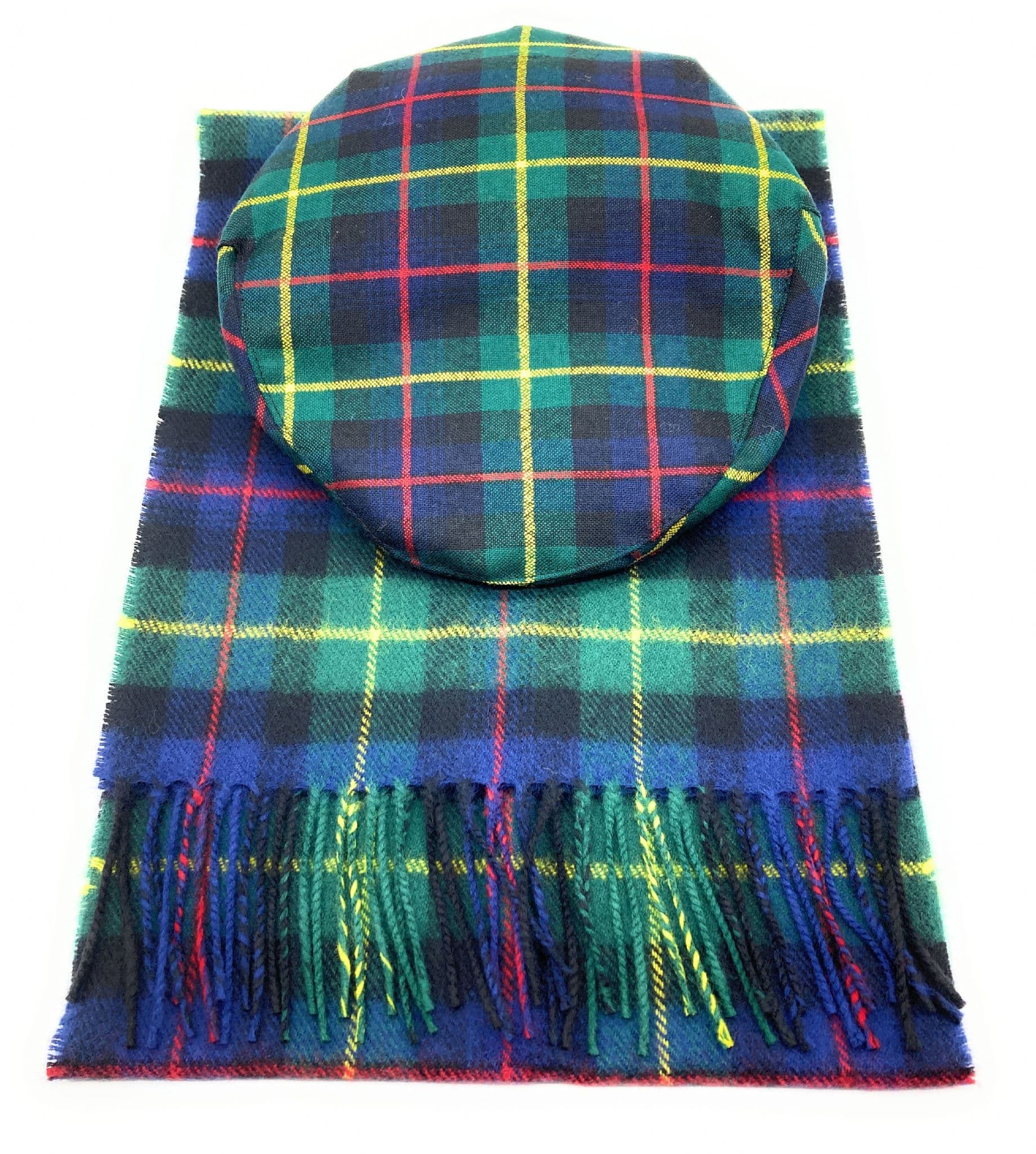 Gents Pure Wool Farquharson Modern Tartan Flat Cap & Scarf Set Made in Scotland