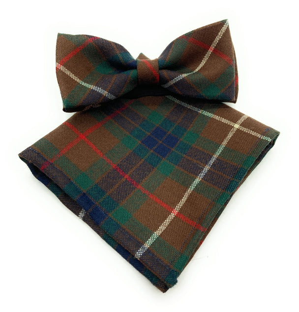 Gents Pure Wool Fraser Hunting Tartan Bow Tie & Matching Pocket Square Set - Made in Scotland