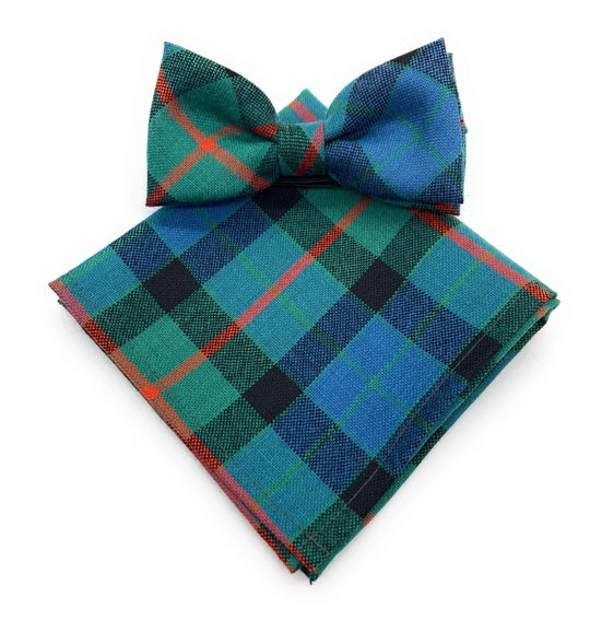 Gents Pure Wool Gunn Ancient Tartan Bow Tie and Matching Pocket Square Set - Made in Scotland