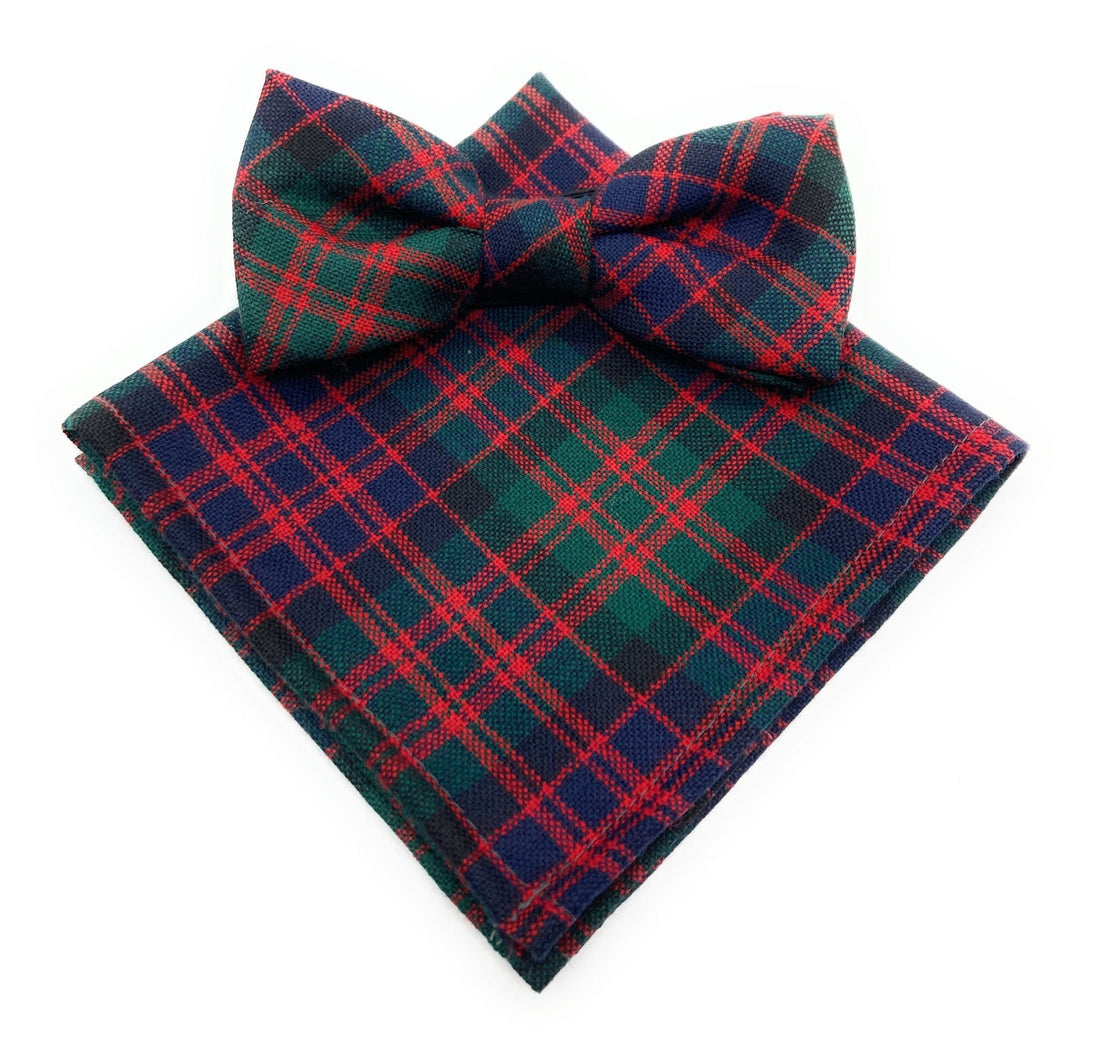 Gents Pure Wool MacDonald Tartan Bow Tie & Matching Pocket Square Set - Made In Scotland