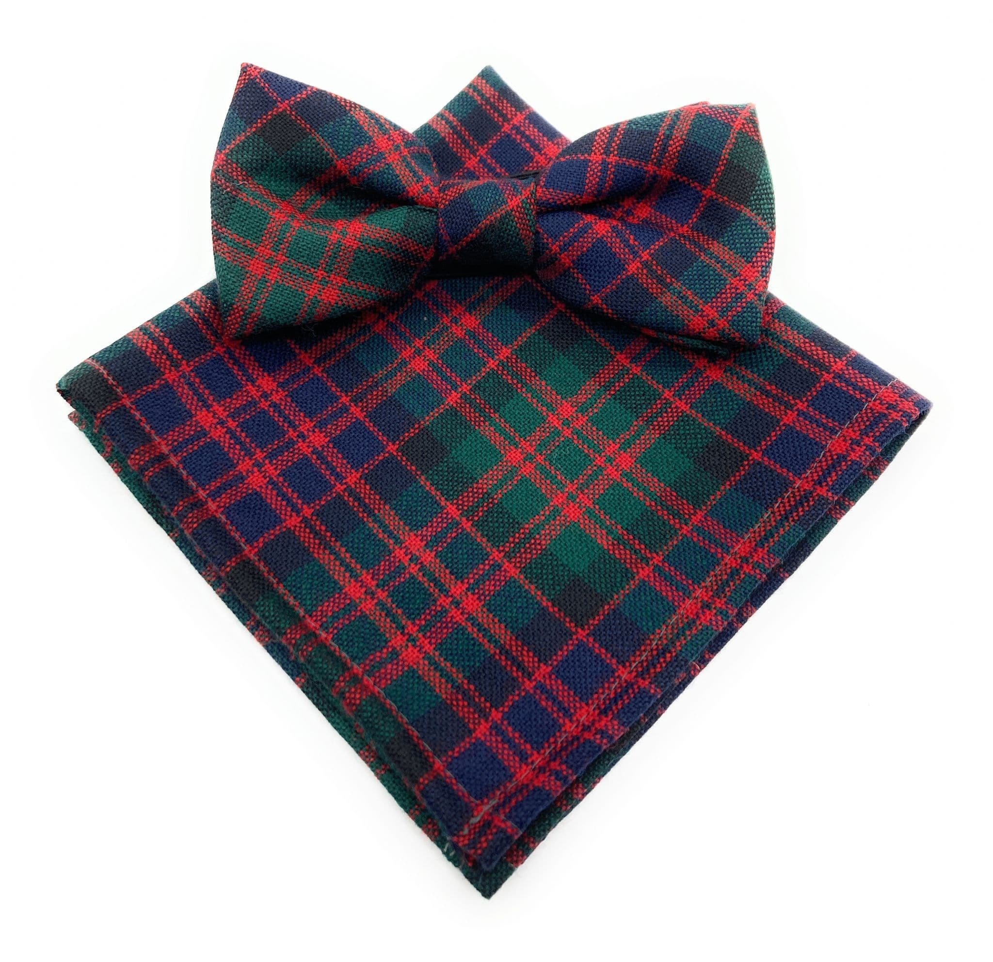 Gents Pure Wool MacDonald Tartan Bow Tie & Matching Pocket Square Set - Made In Scotland