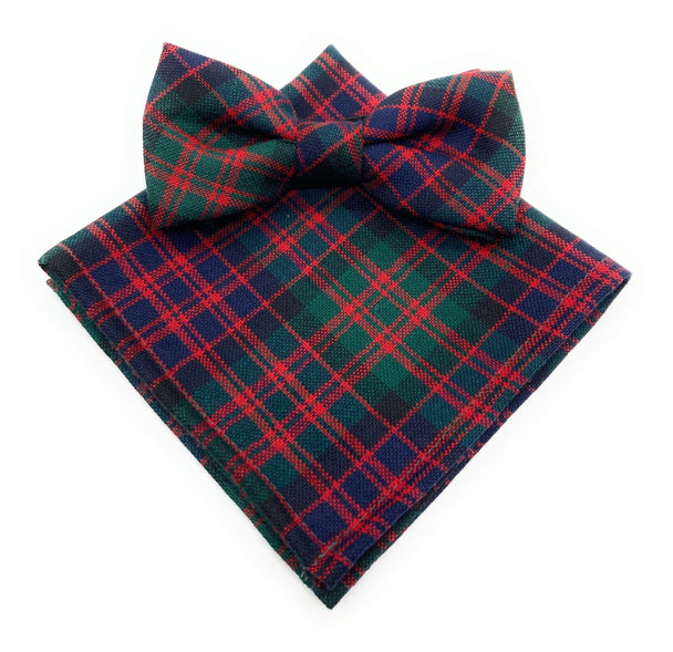 Gents Pure Wool MacDonald Tartan Bow Tie & Matching Pocket Square Set - Made In Scotland