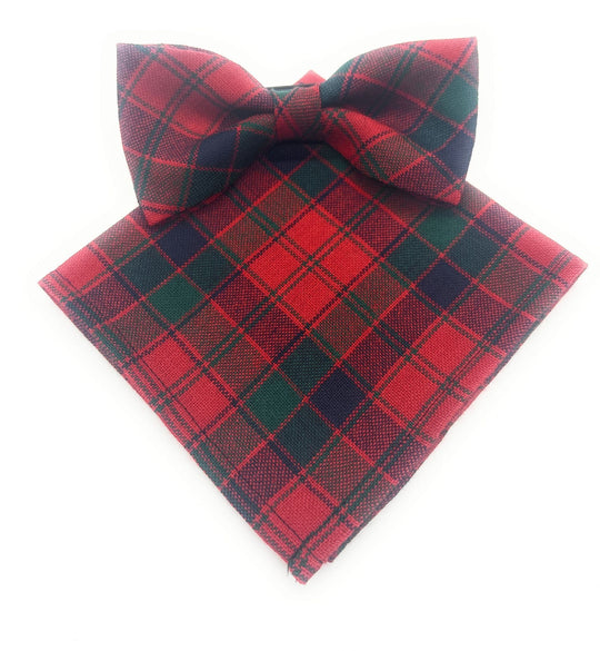 Gents Pure Wool Robertson Red Tartan Bow Tie & Matching Pocket Square Set - Made in Scotland