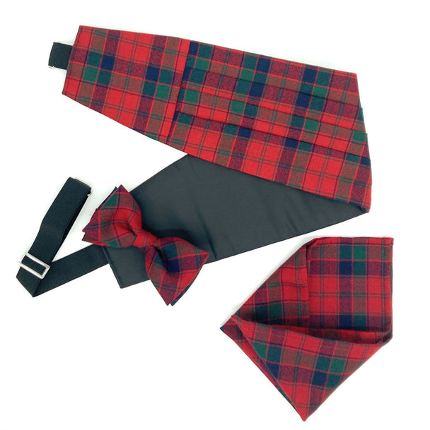 Gents Pure Wool Robertson Red Tartan Cummerbund & Bow Tie Pocket Square Set - Made in Scotland