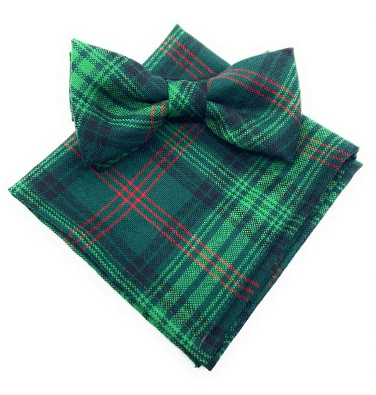 Gents Pure Wool Ross Hunting Tartan Bow Tie & Matching Pocket Square Set - Made in Scotland