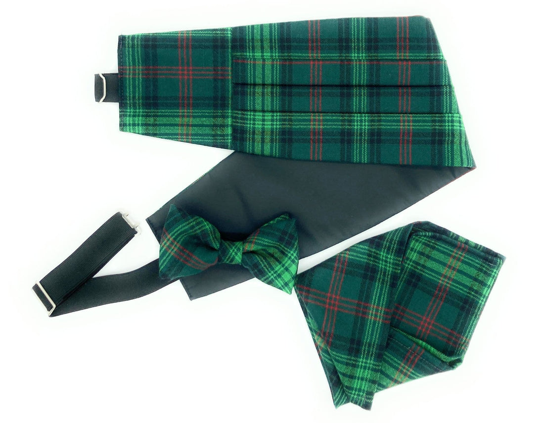 Gents Pure Wool Ross Hunting Tartan Cummerbund & Bow Tie Pocket Square Set - Made in Scotland
