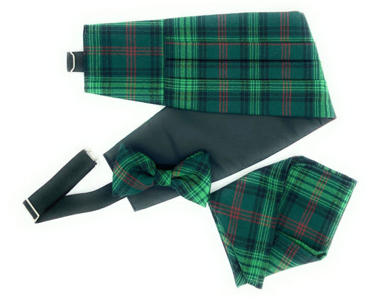 Gents Pure Wool Ross Hunting Tartan Cummerbund & Bow Tie Pocket Square Set - Made in Scotland