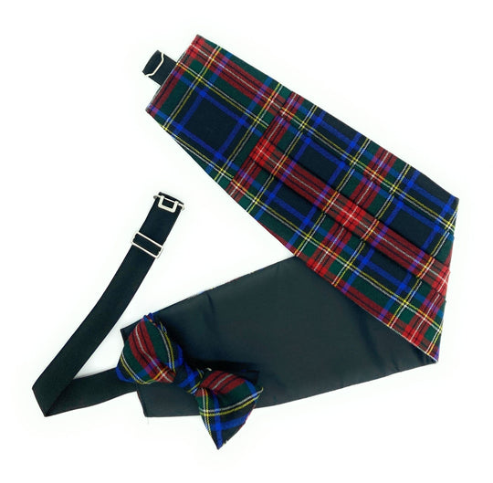 Gents Pure Wool Stewart Black Tartan Cummerbund & Bow Tie Set - Made in Scotland