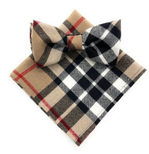 Gents Pure Wool Thomson Camel Tartan Bow Tie and Matching Pocket Square Set - Made in Scotland