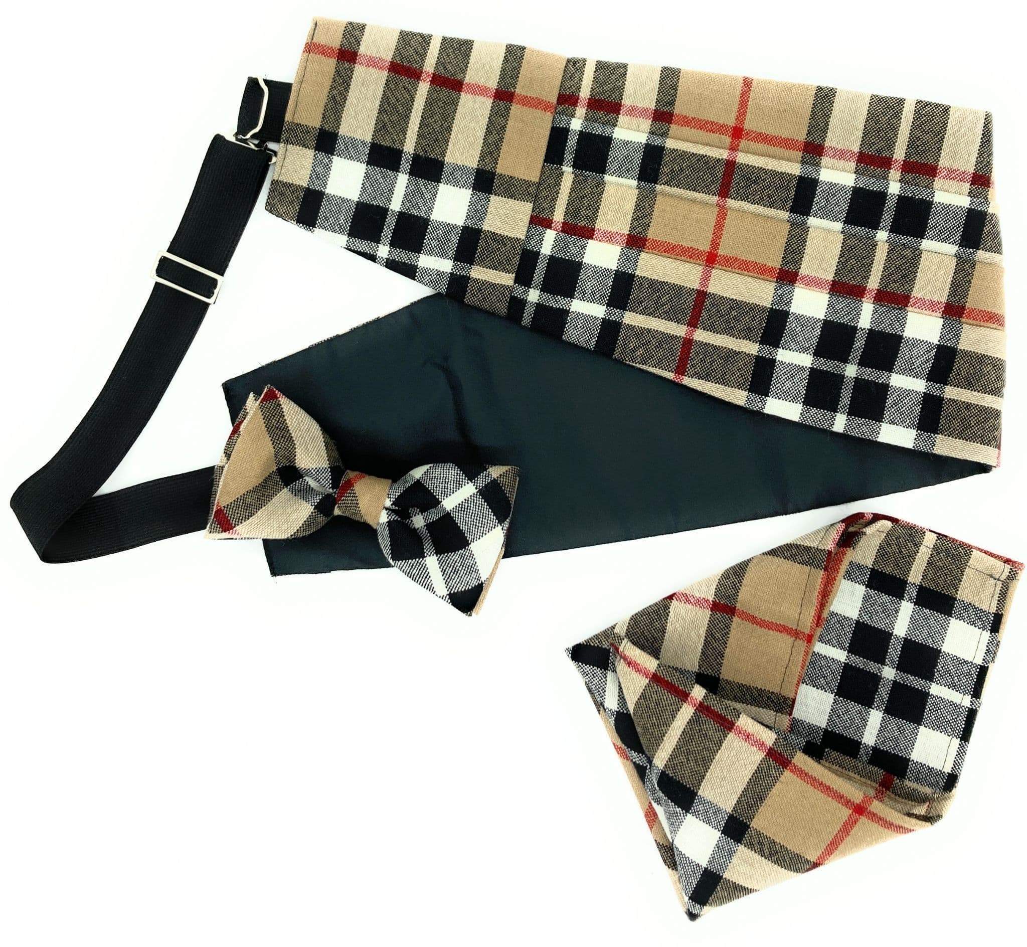Gents Pure Wool Thomson Camel Tartan Cummerbund & Bow Tie Pocket Square Set - Made in Scotland
