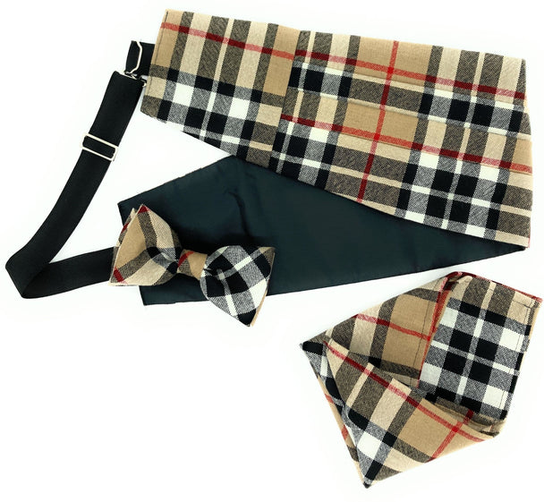 Gents Pure Wool Thomson Camel Tartan Cummerbund & Bow Tie Pocket Square Set - Made in Scotland