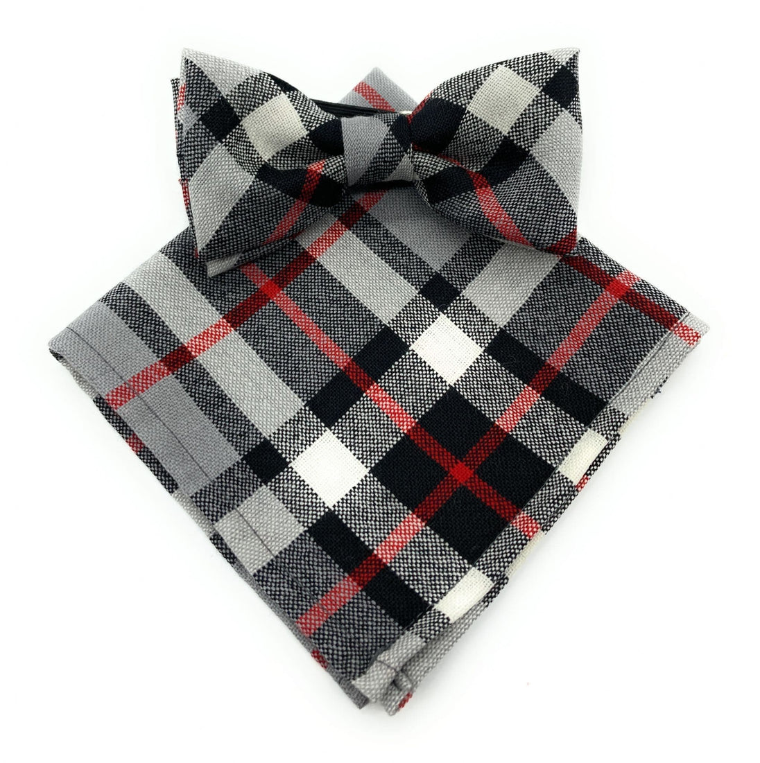 Gents Pure Wool Thomson Grey Tartan Bow Tie and Matching Pocket Square Set - Made in Scotland