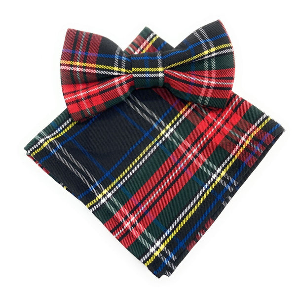 Gents Stewart Black Tartan Bow Tie & Matching Pocket Square Set