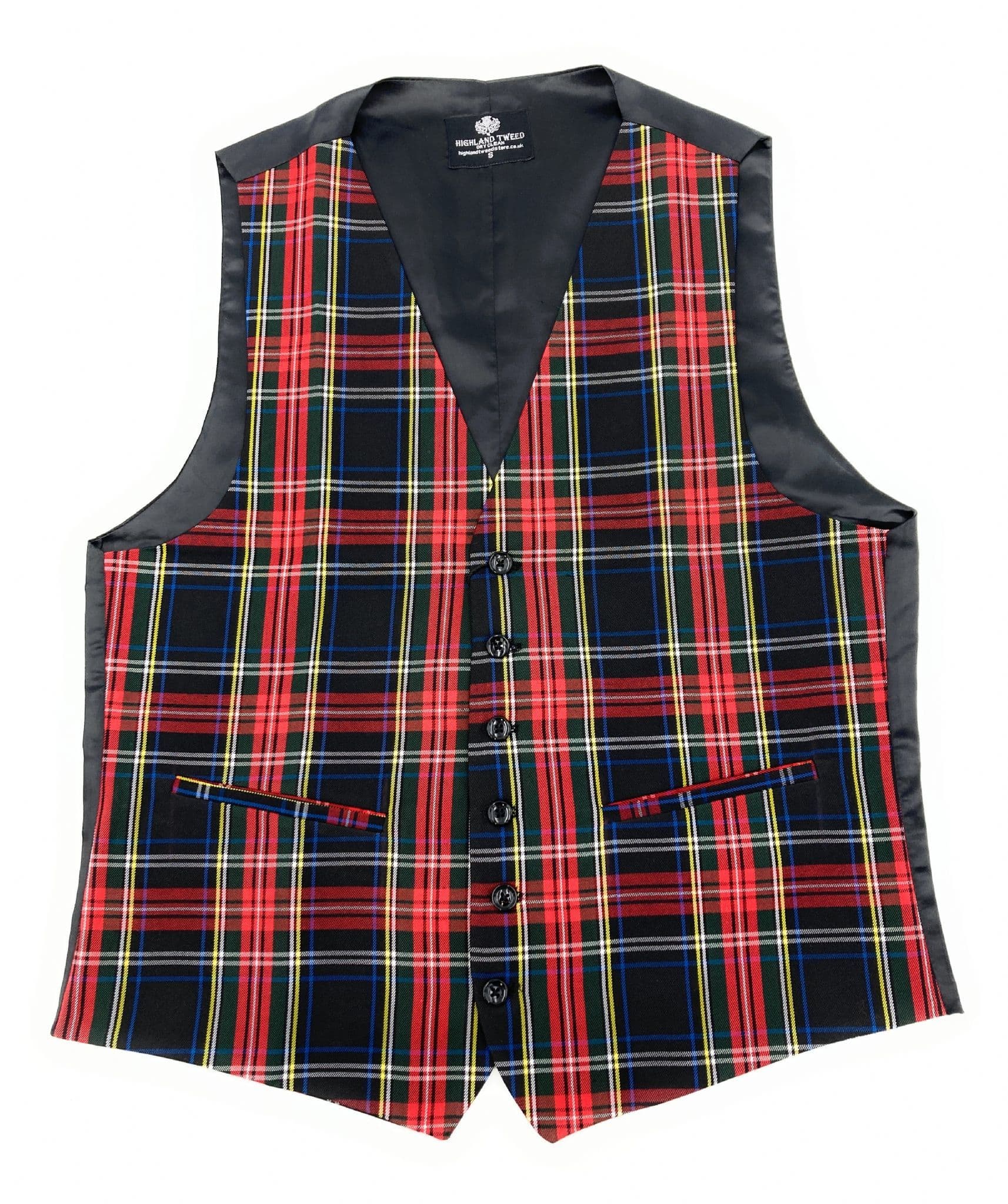 Gents stewart black tartan six button waistcoat