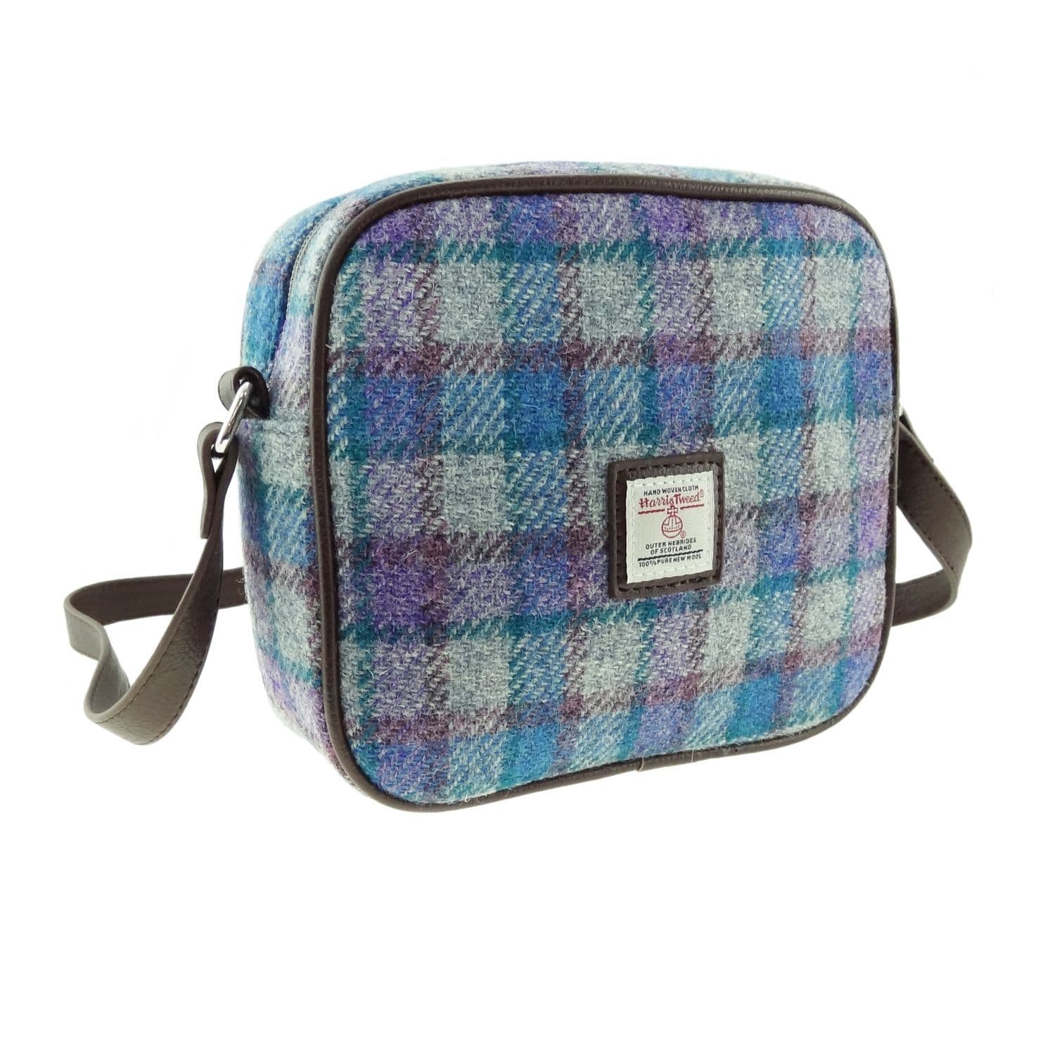 Ladies Authentic Harris Tweed Almond Square Mini Bag Blue/Purple Check On Grey