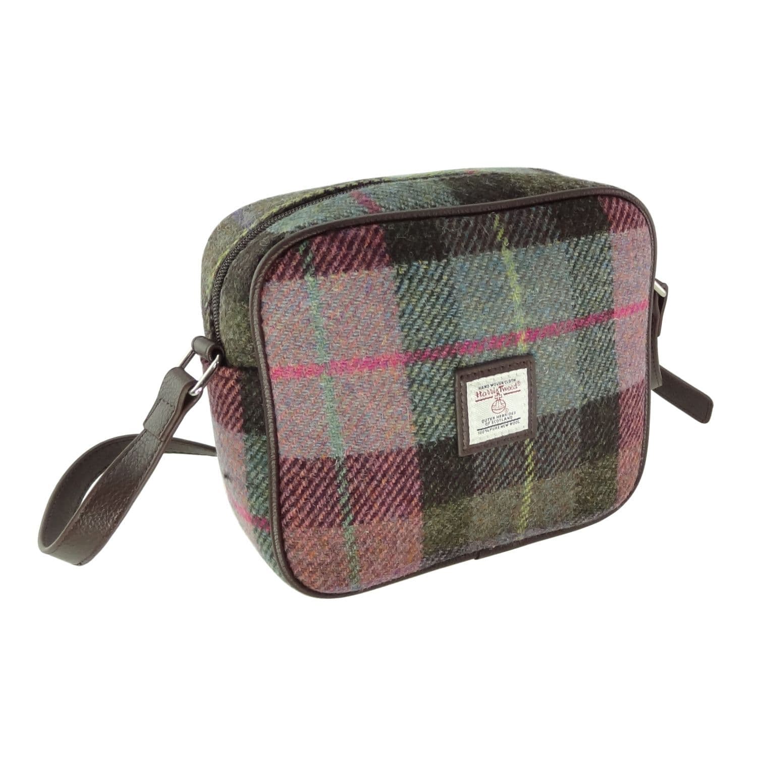 Ladies Authentic Harris Tweed Almond Square Mini Bag Muted Green & Purple Tartan