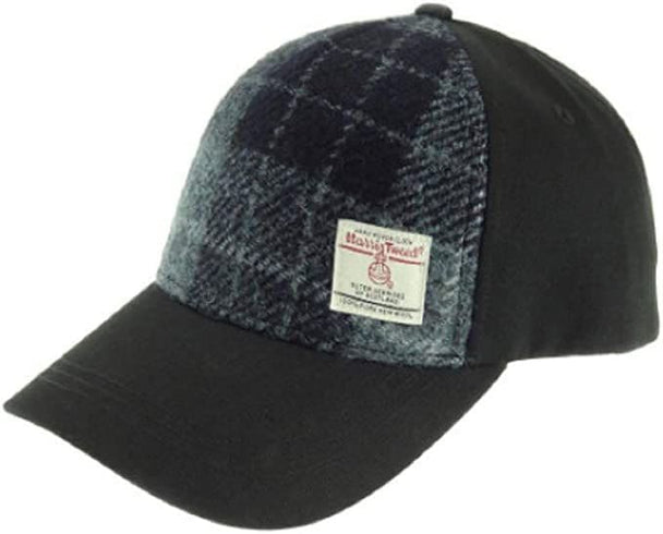 Ladies Authentic Harris Tweed Baseball Cap Grey & Black Check Tartan