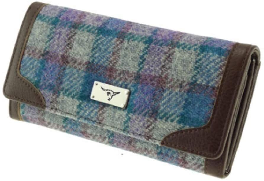 Ladies Authentic Harris Tweed Blue/Purple Check on Grey Long Purse