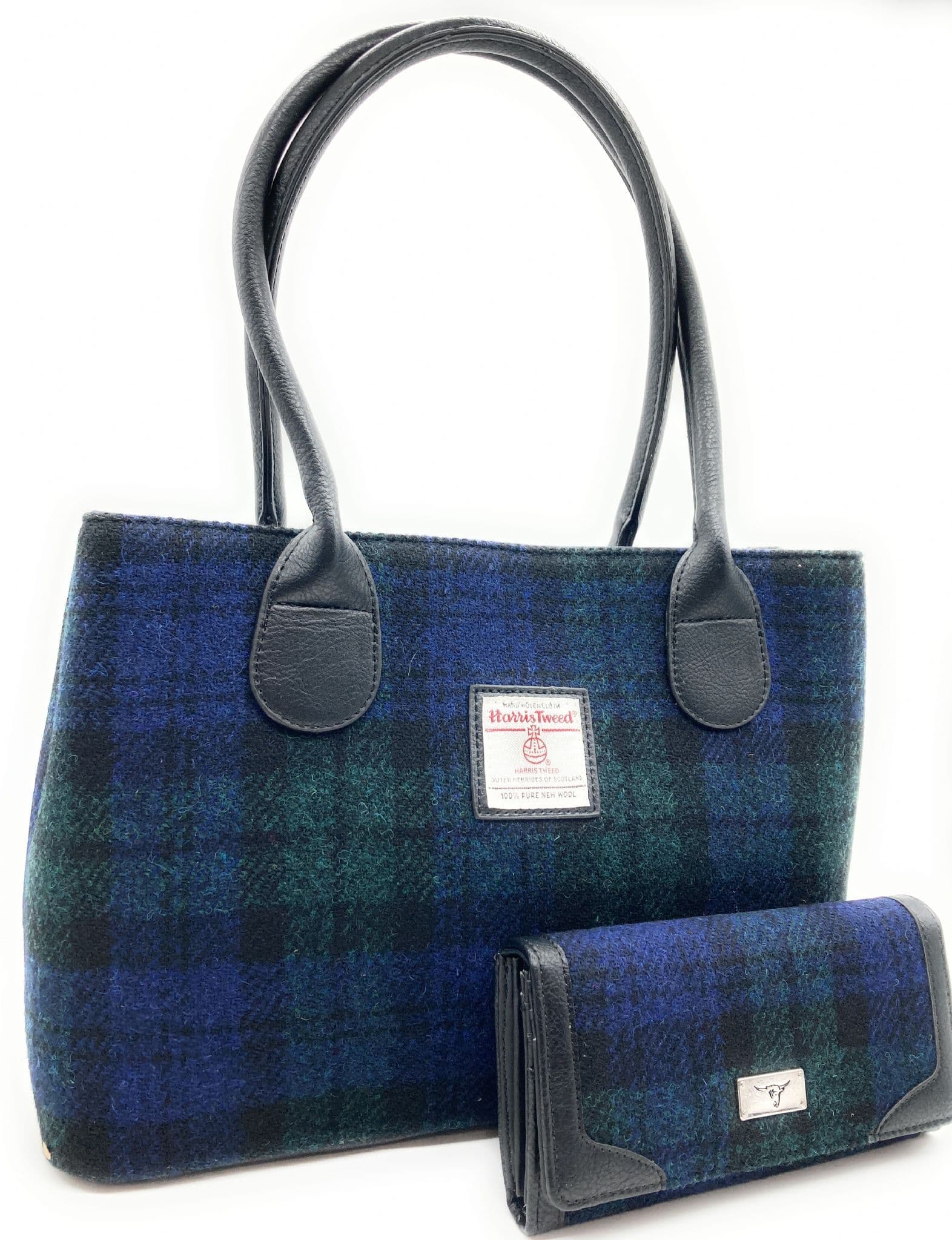 Ladies Authentic Harris Tweed Classic Handbag & Matching Purse Set Black Watch Tartan