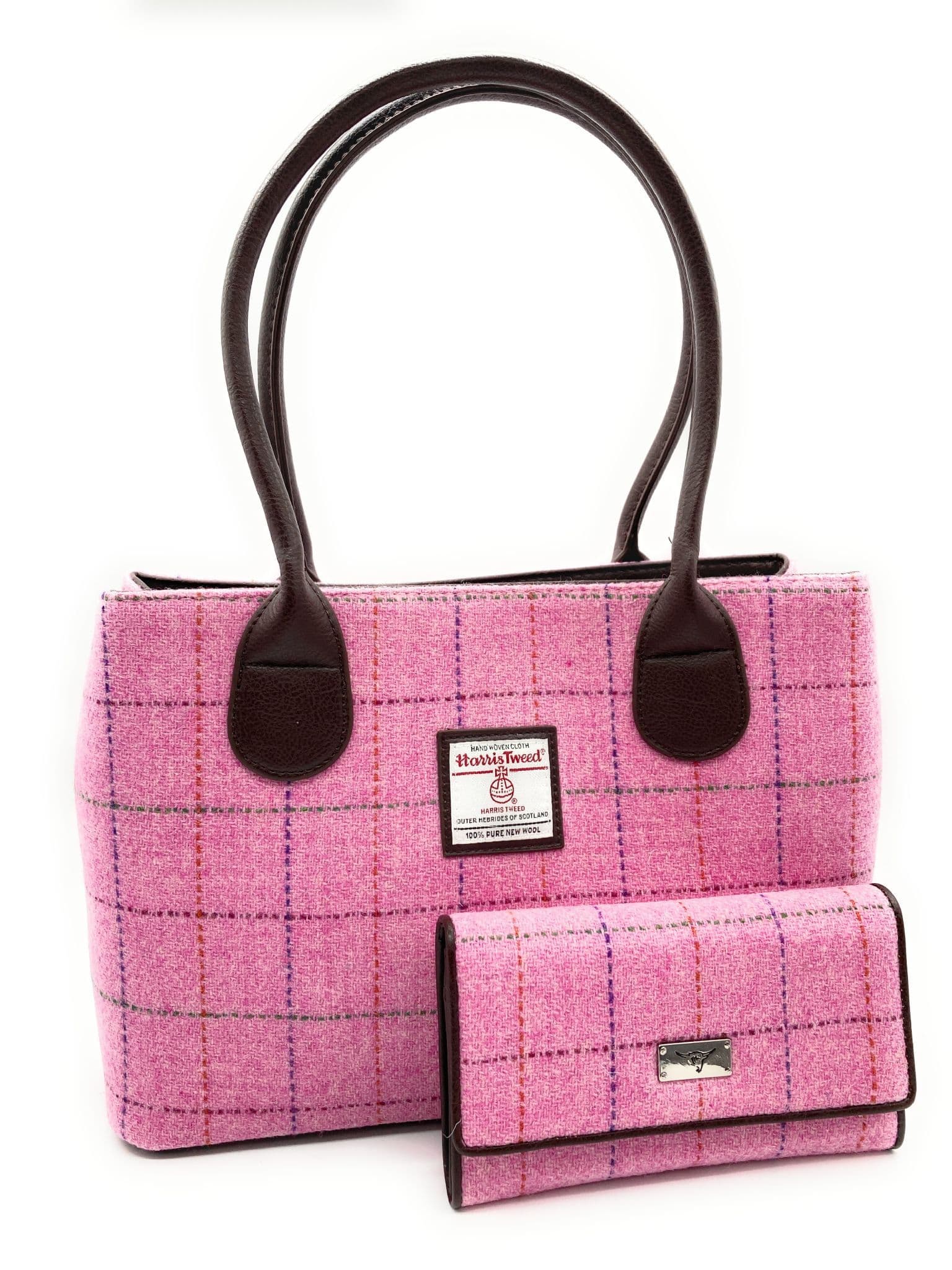 Ladies Authentic Harris Tweed Classic Handbag & Matching Purse Set Pink Check
