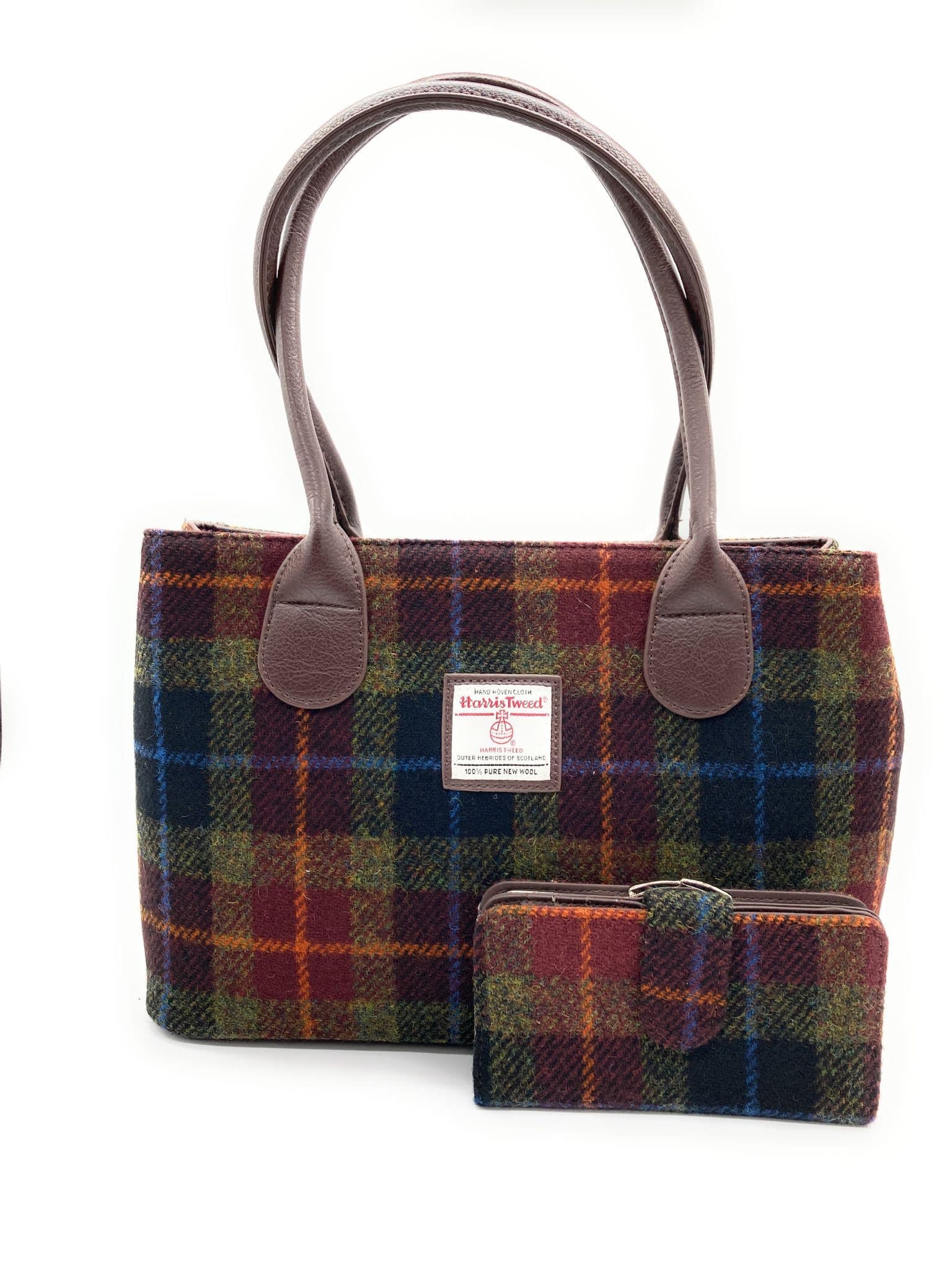 Ladies Authentic Harris Tweed Classic Handbag & Matching Purse Set Rust Check