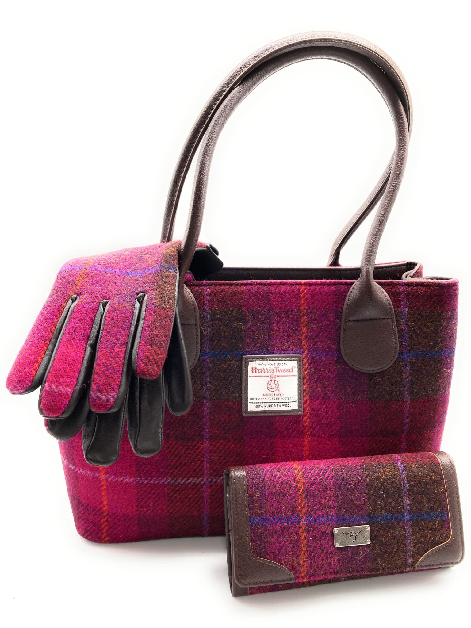 Ladies Authentic Harris Tweed Classic Handbag With Matching Purse & Gloves Set Deep Pink Check