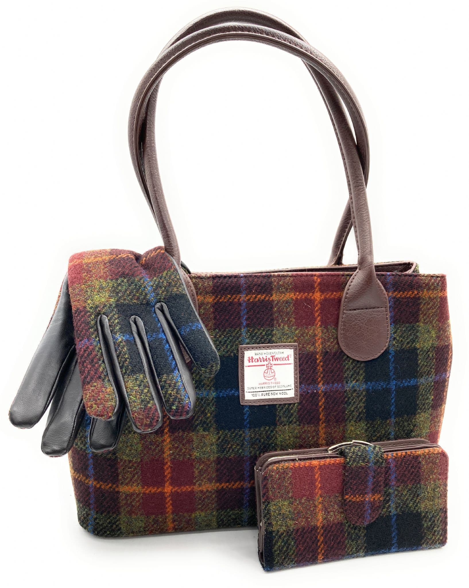Ladies Authentic Harris Tweed Classic Handbag With Matching Purse & Gloves Set Rust Check