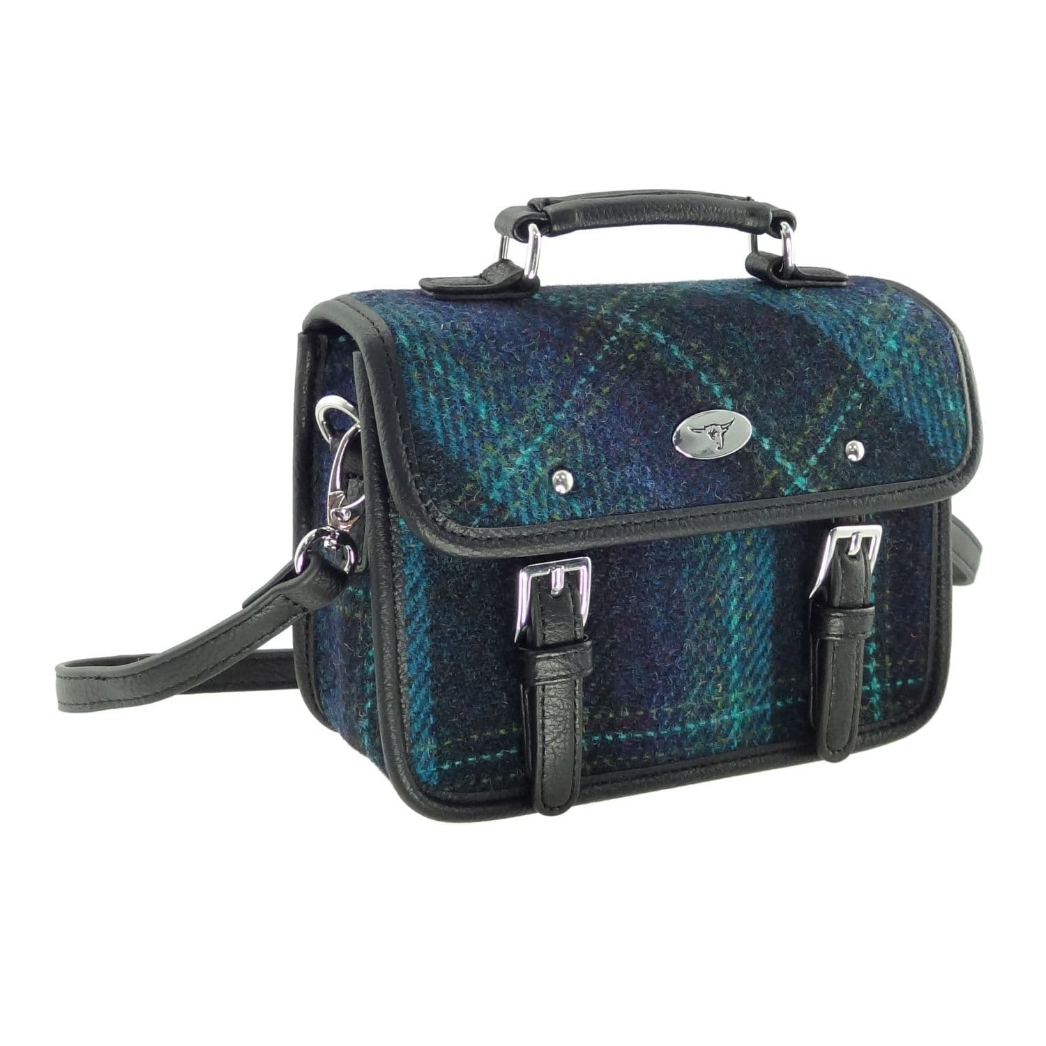 Ladies Authentic Harris Tweed Cross Body Mini Satchel Shoulder Bag in Blue with Turquoise Overcheck